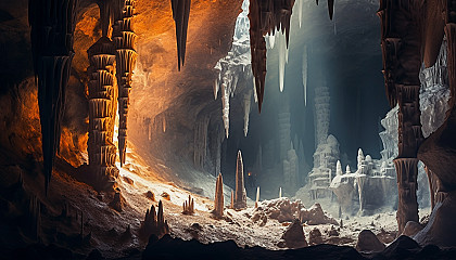 Mysterious stalactites and stalagmites inside an ancient cave.