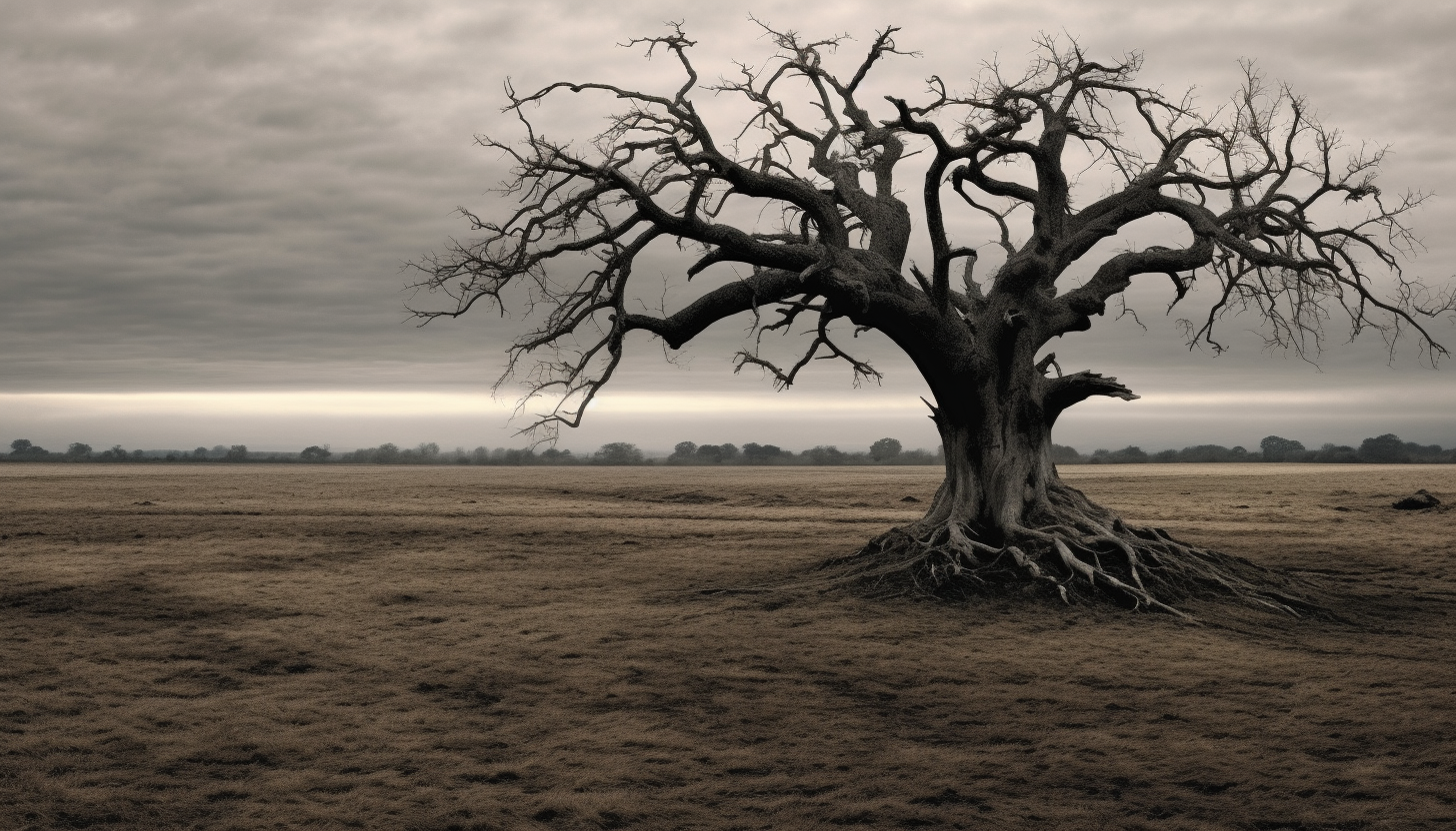 An old, gnarled tree standing alone in a field.