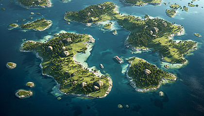 An archipelago of small islands seen from a bird's eye view.