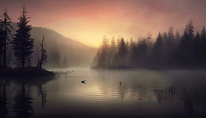 Mist rising from a serene lake at dawn.