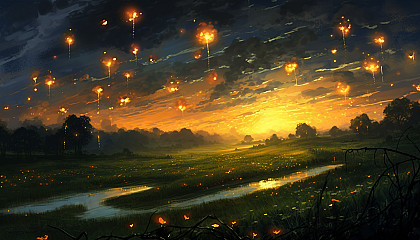 A field of fireflies lighting up the dusk.