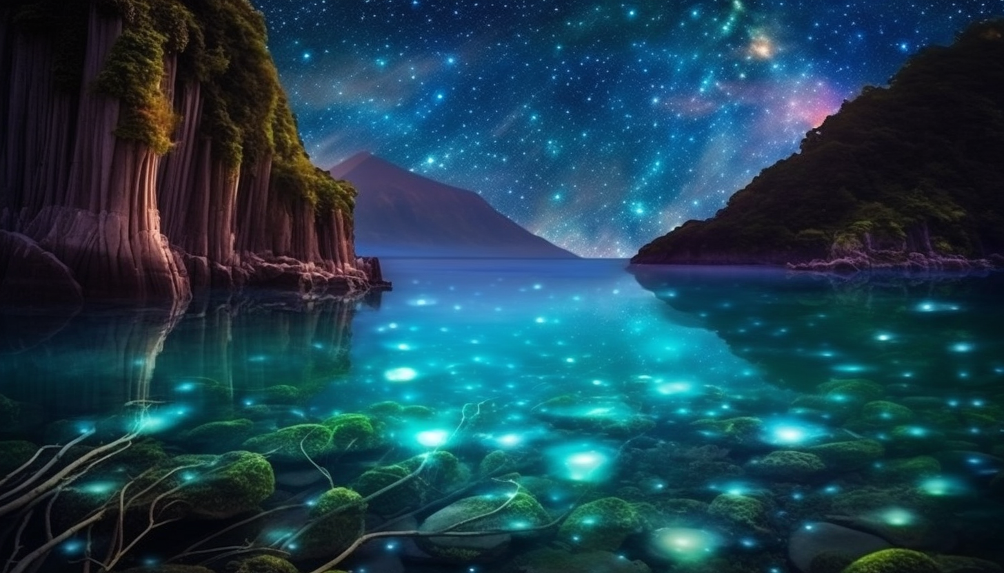 Stunning bioluminescent bay under a star-filled night sky.