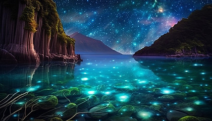 Stunning bioluminescent bay under a star-filled night sky.