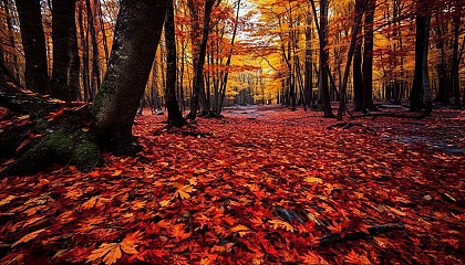 Brilliantly colored autumn leaves blanketing a forest floor.