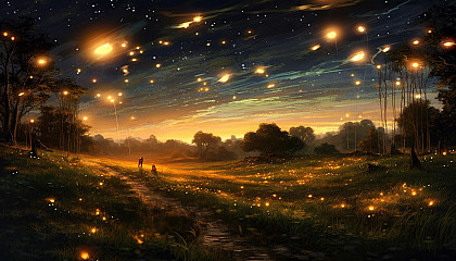 A field of fireflies lighting up the dusk.