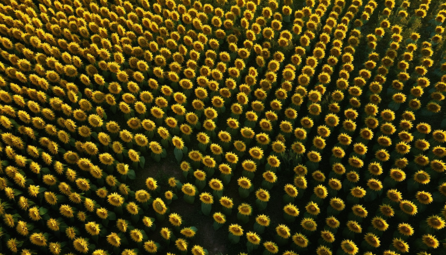 Patterns in a sunflower field seen from above.