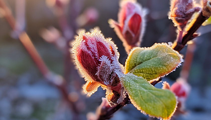 Fresh spring buds blooming on a frosty morning.