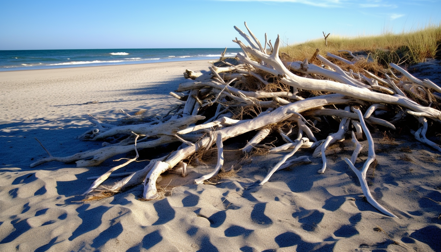 Sun-bleached driftwood scattered along a sandy beach.