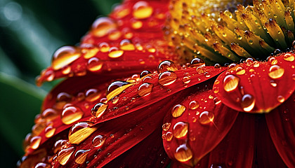 Rain droplets clinging to the petals of a vibrant flower.