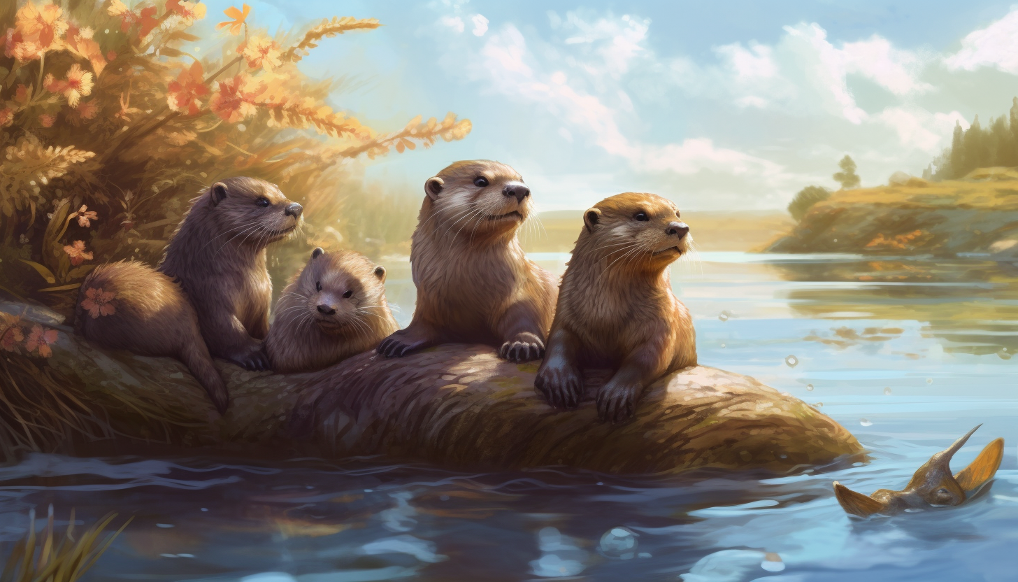 A family of otters playing along a river bank.