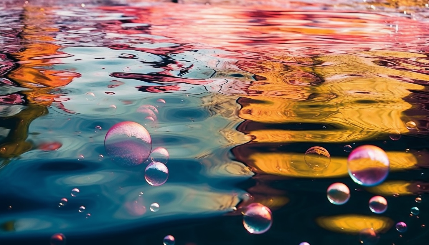 Iridescent bubbles floating over a calm lake.