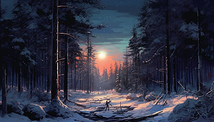 A silent, snow-covered pine forest under the soft glow of moonlight.