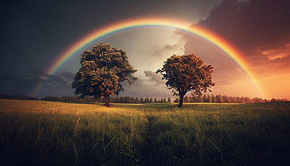 The striking sight of a double rainbow after a storm.