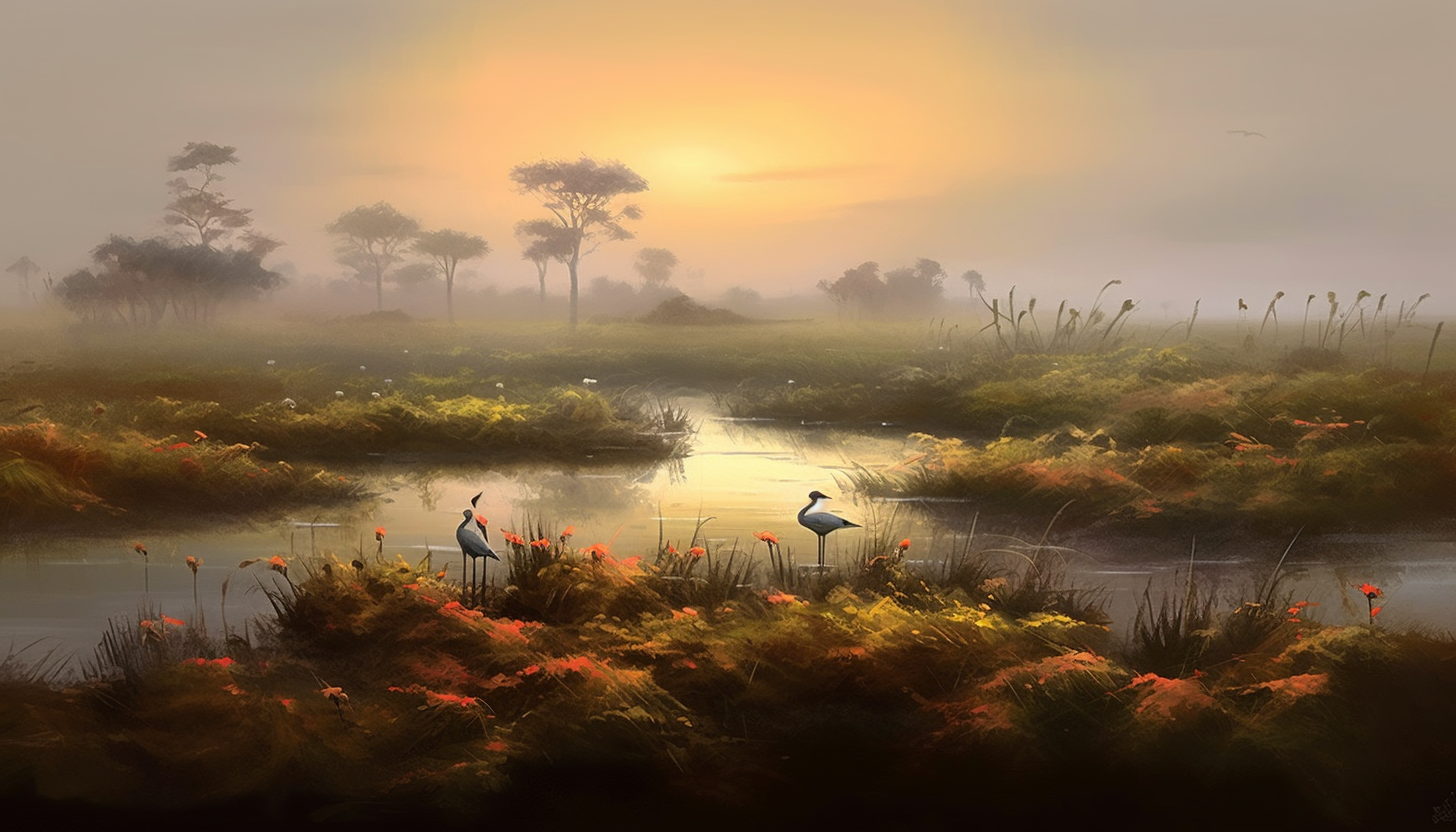 Misty marshlands teeming with unique plant and bird life.