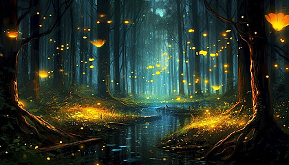 A vibrant display of fireflies illuminating a dark forest.