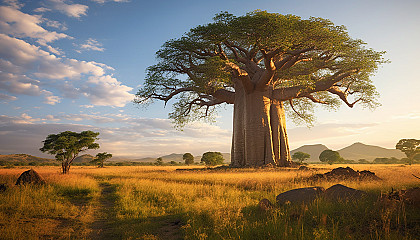 An ancient baobab tree standing tall in a savannah landscape.