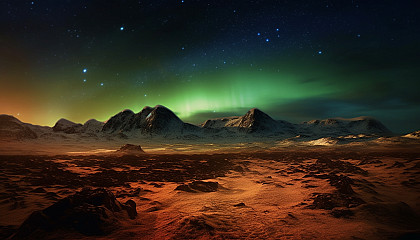 The stark beauty of a barren tundra under the Northern lights.