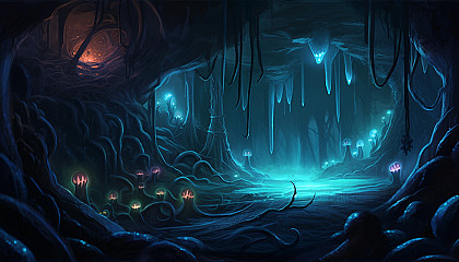 Glowing worms illuminating a dark cave.