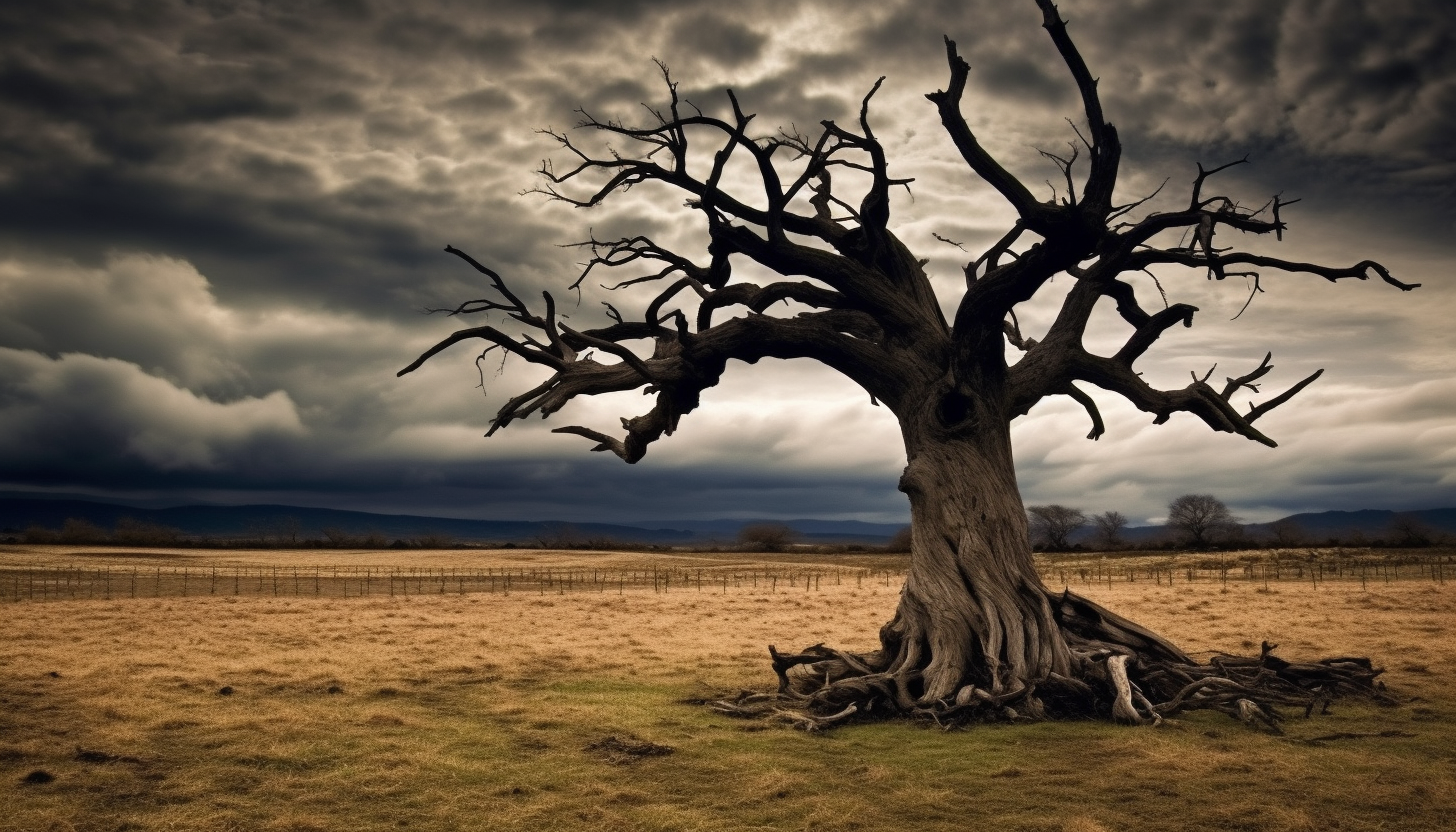 An old, gnarled tree standing alone in a field.