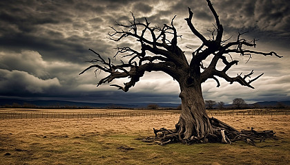 An old, gnarled tree standing alone in a field.