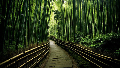 A path winding through a dense bamboo forest.