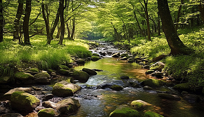 A gently bubbling brook winding its way through a peaceful glade.