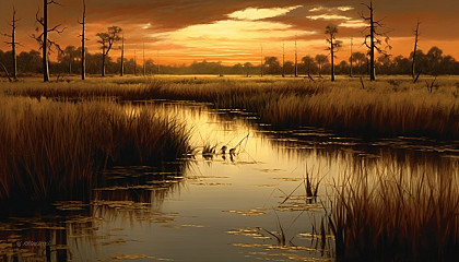 A quiet marsh filled with reeds, with a mirror-like surface reflecting the sky.