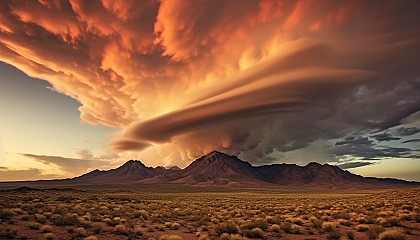 Dramatic cloud formations rolling over a mountain range at sunset.