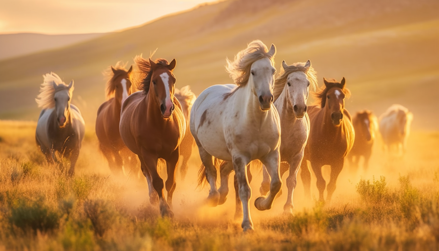 Wild horses galloping across open prairie land.