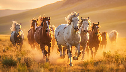 Wild horses galloping across open prairie land.