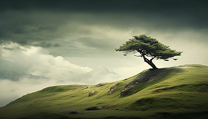 A lonely tree on a hill, shaped by the wind.