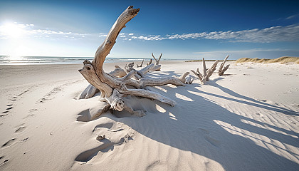 Sun-bleached driftwood strewn across a sandy beach.