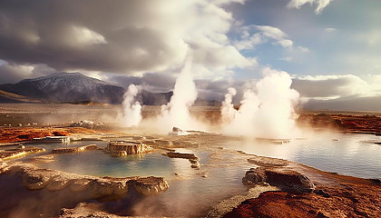 Steaming geysers erupting in a rugged geothermal landscape.