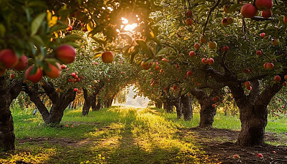 An orchard of fruit trees heavy with ripe, seasonal produce.