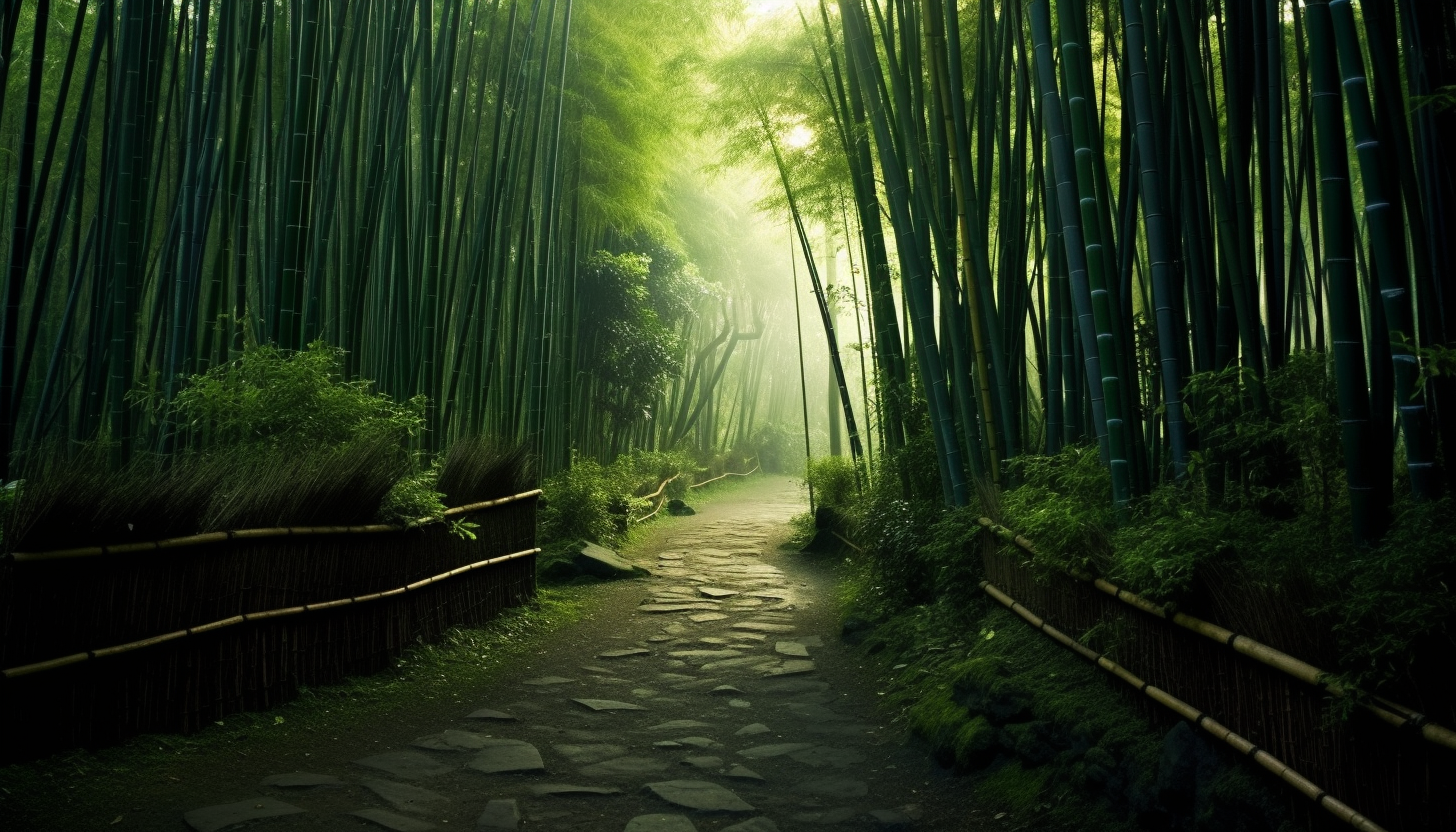 A mystical path winding through a bamboo forest.