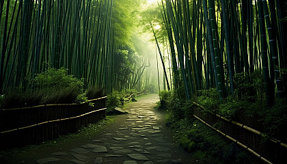 A mystical path winding through a bamboo forest.