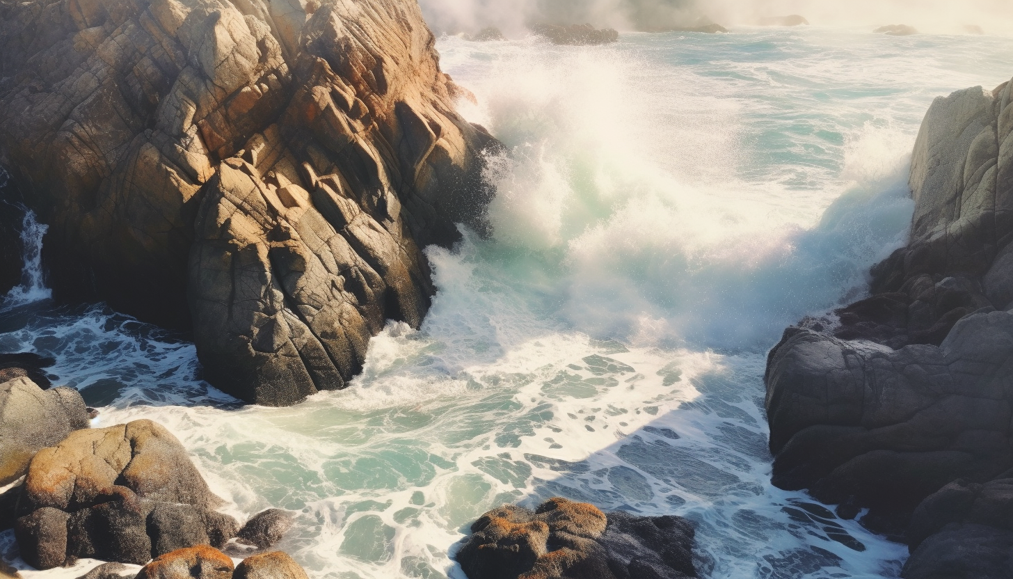 Sea foam swirling around the rocks at a secluded beach.