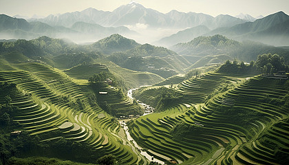 A series of terraced rice fields sculpting a hilly landscape.