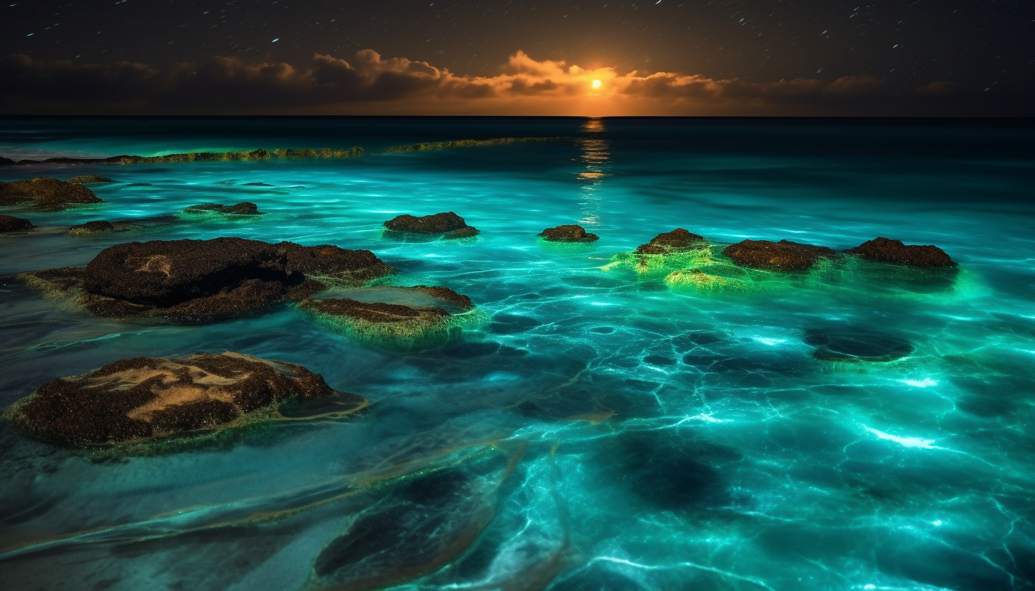 Bioluminescent plankton illuminating a beach at night.