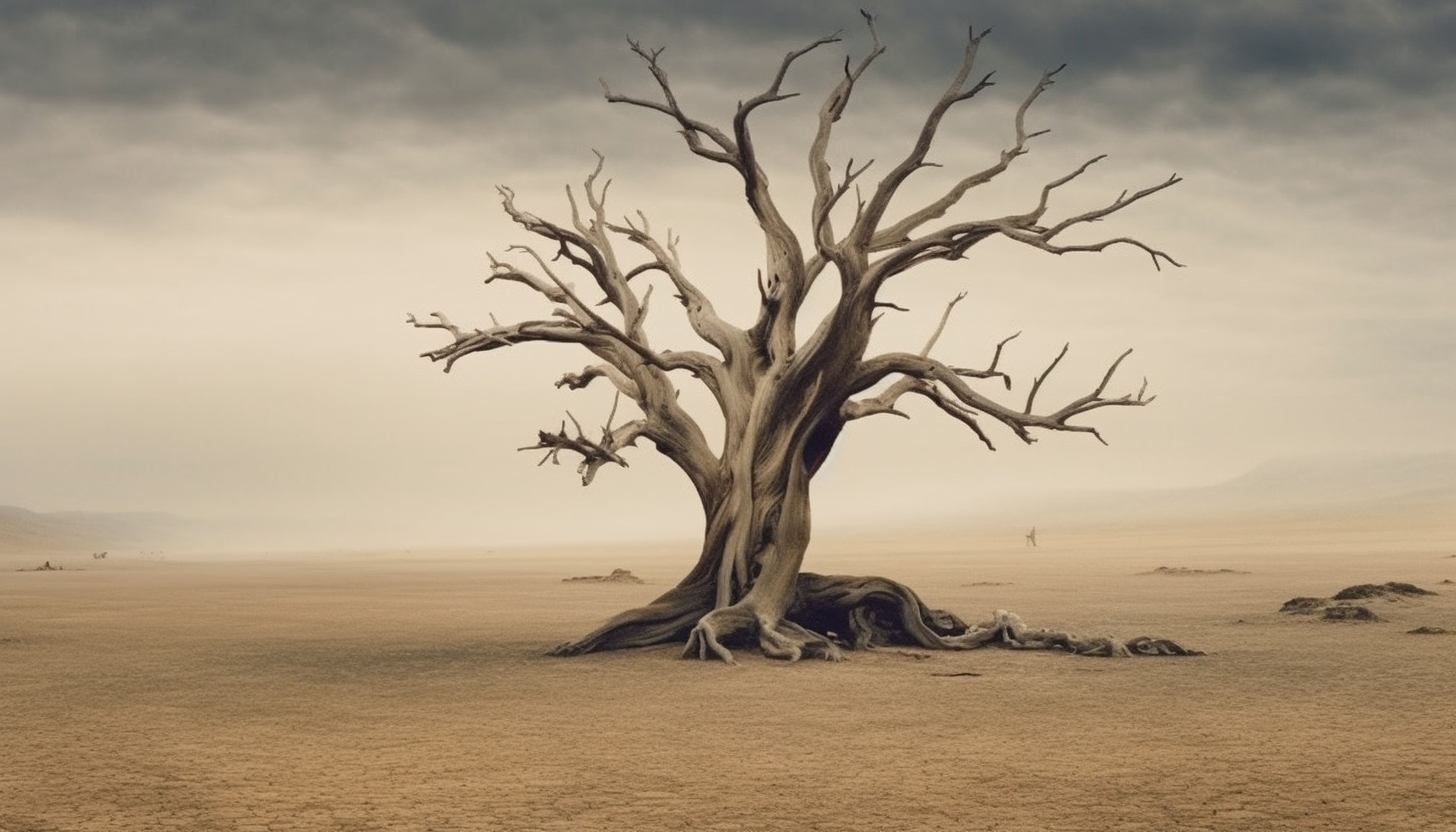 The eerie beauty of a dead tree in a barren landscape.