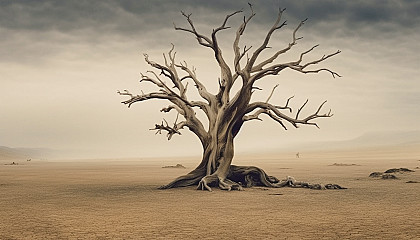 The eerie beauty of a dead tree in a barren landscape.