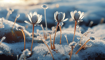 A cluster of delicate frost flowers forming on a cold surface.