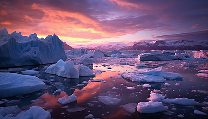 Glaciers calving into an icy sea under a twilight sky.