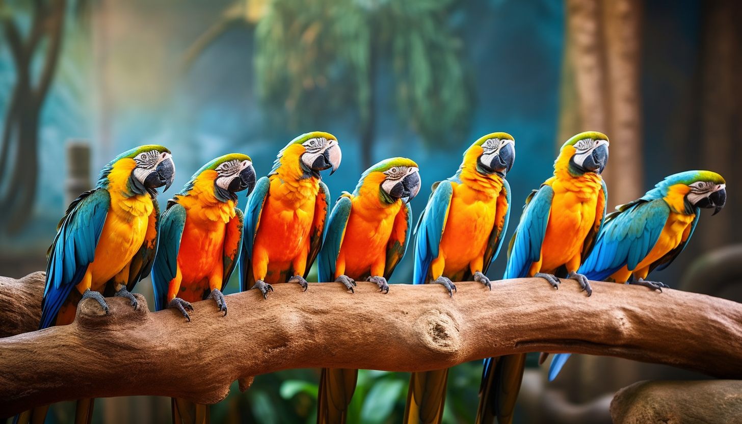 Brightly colored macaws perched on a jungle branch.