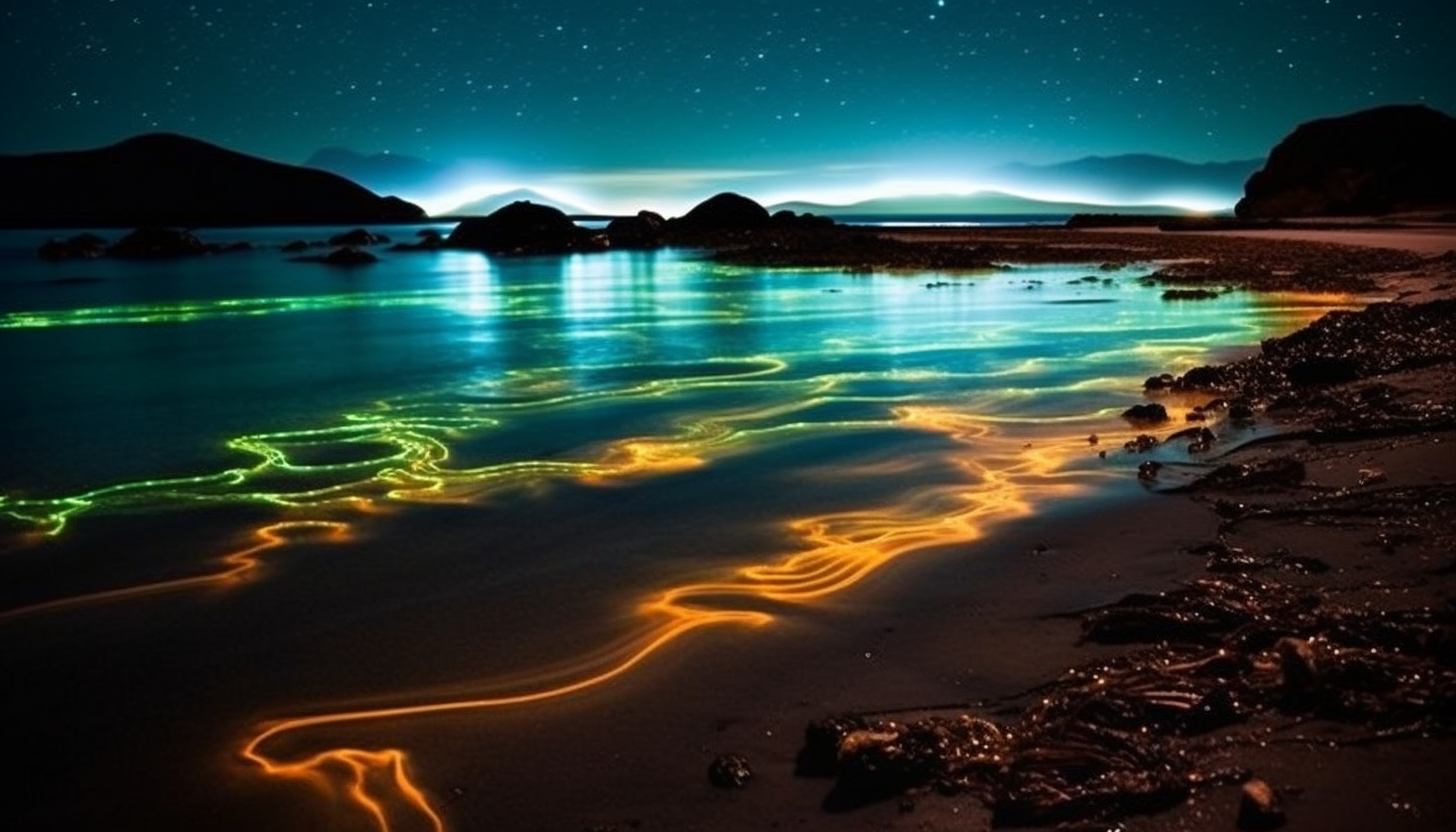 Dazzling bioluminescent plankton on a dark beach.