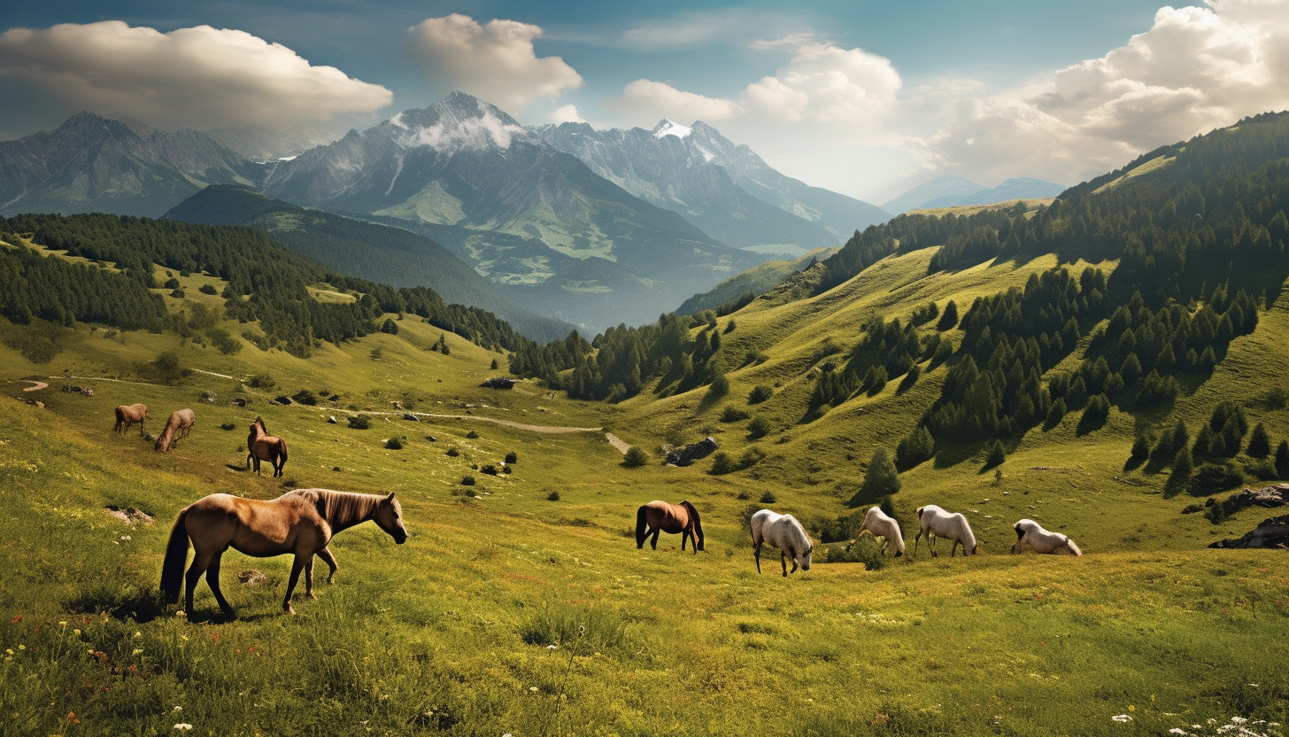 Wild horses grazing on a lush mountain meadow.