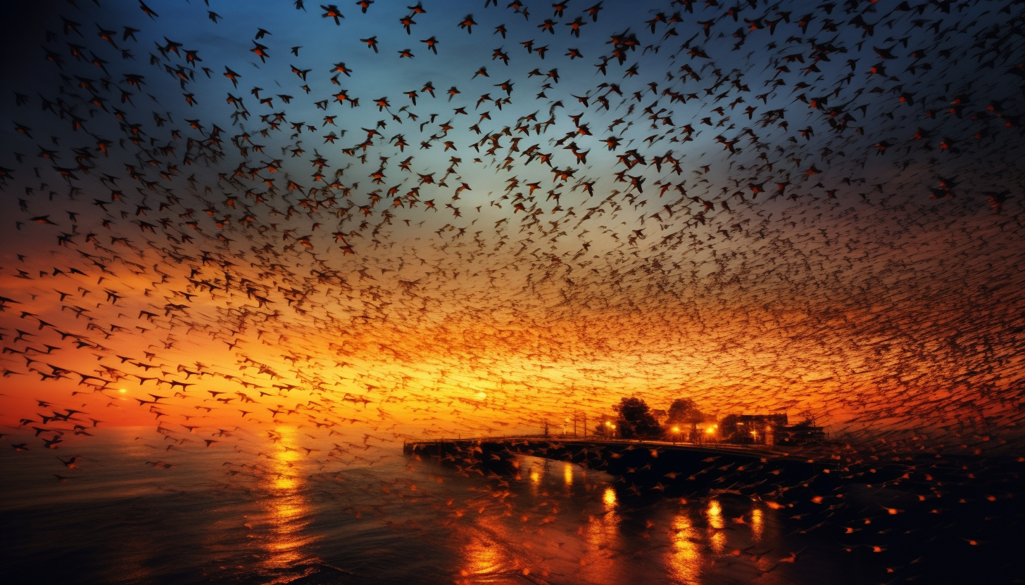 A murmuration of starlings forming shapes in the twilight sky.