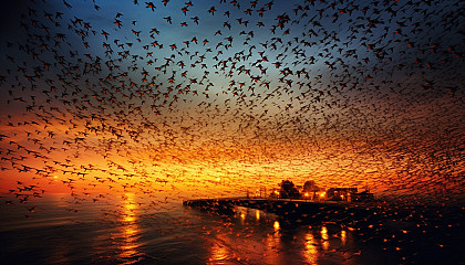 A murmuration of starlings forming shapes in the twilight sky.