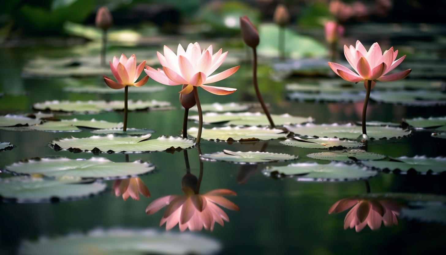 Blooming lotus flowers on a tranquil pond.