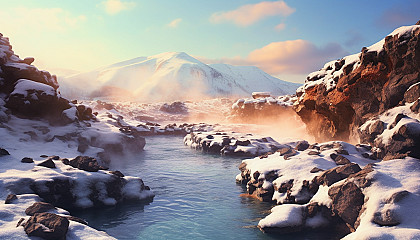 Mist rising from a hot spring nestled among snow-covered rocks.